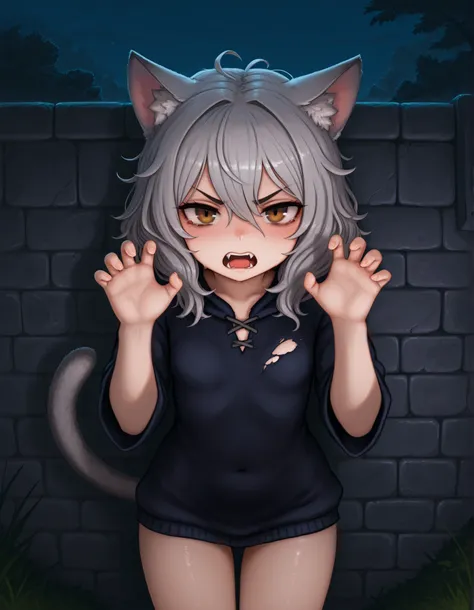 Photonoko,, 1girl, petite, (skinny and frail:0.7), cat girl, against wall, stone wall, brown eyes,looking at viewer, grey hair, medium hair, messy hair, angry, (scared:0.4), (open mouth:0.5), fangs, hands up, (tearing up:0.5), tail raised, torn clothes, st...