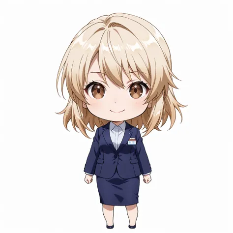 bdchibi,full body,One girl, Chibi, One girl, Full body, Front view, (White background: 1.3), Business woman, Alone, Smiling, Wearing a navy blue suit and tight skirt, 20 years old, Japanese female, Brown eyes, Medium blonde hair, White background, Staring ...