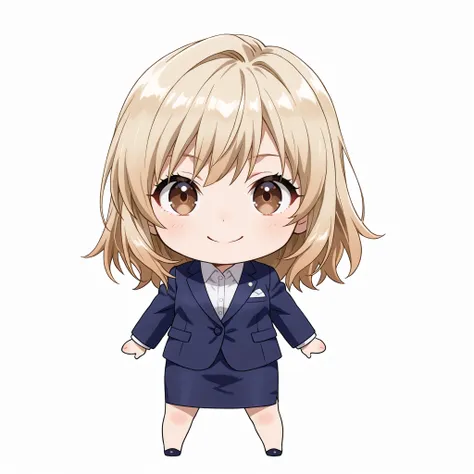 bdchibi,full body,One girl, Chibi, One girl, Full body, Front view, (White background: 1.3), Business woman, Alone, Smiling, Wearing a navy blue suit and tight skirt, 20 years old, Japanese female, Brown eyes, Medium blonde hair, White background, Staring ...