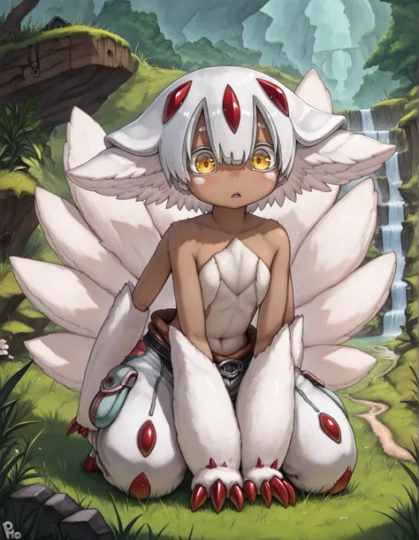 Photonoko,, (masterpiece, best quality, high quality, good quality:1.2), solo, 1girl, faputa,, faputa (made in abyss), flat chest tuft of fur, kemonomimi, white fur, dark skin, four arms, red claws, yellow eyes, outdoors, safe, 