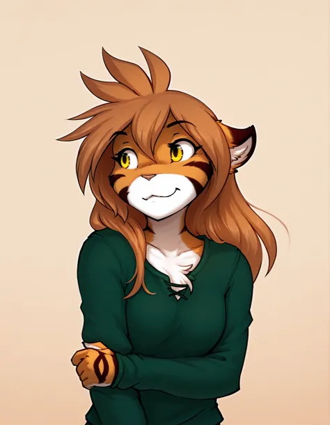 Photonoko,, furry, solo, flora-twokinds, flora_twokinds,, tiger, striped fur, keidran, yellow eyes, anthro, simple background,,, green shirt