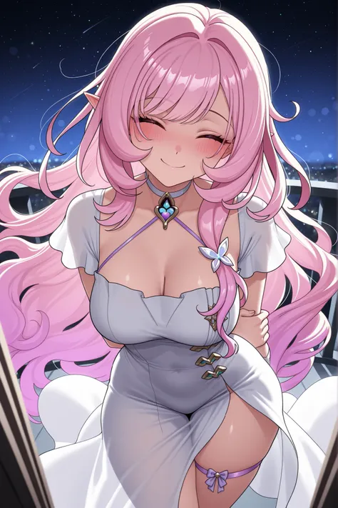 elysia_\(honkai_impact\), Mullon art style, high quality, masterpiece, best quality, 1girl, solo, gradient long straight hair let down, choker with pendant, thigh strap visible, in a dress, ((very well detailed)) wavy hair, choker, ((sexy pose)), (posing),...