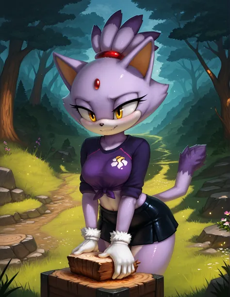 Photonoko,, solo, 1girl, blaze the cat, furry, shiny skin, short stack, white gloves, black miniskirt, midriff, red checkered knotted top, tied shirt, BREAK smile, smug, BREAK night, forest background, (mountains:1.1), flower, wood chopping block, cowboy s...