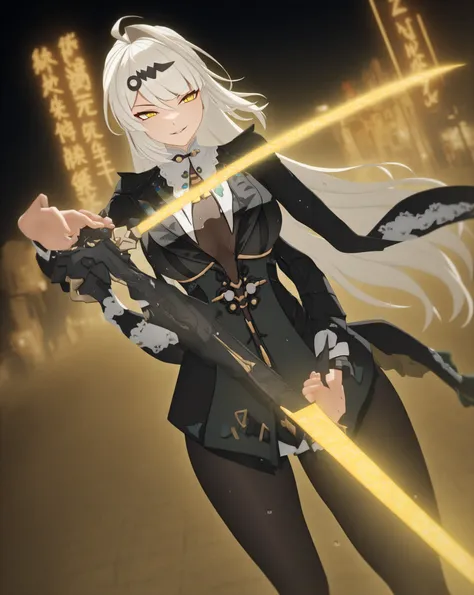 zenless zone zero art style, anime 3D render, character Yixuan from ZZZ, tall female with long flowing white hair, intense sharp eyes, wearing futuristic Yunkui Pinnacle techwear robes with traditional chinese accents, black and golden yellow color scheme,...