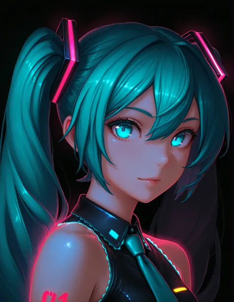 Photonoko,, Hatsune Miku, limited palette, black background, colorful, vibrant, glowing outline, neon, blacklight, looking at viewer, masterpiece, very aesthetic