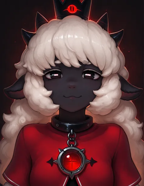 Photonoko,, masterpiece, best quality, very aesthetic, 1girl, solo, cult of the lamb, sheep girl, collar, horizontal pupils, red/black eyes, red crown,