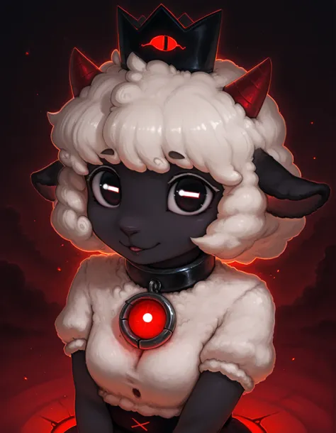 Photonoko,, masterpiece, best quality, very aesthetic, 1girl, solo, cult of the lamb, sheep girl, collar, horizontal pupils, red/black eyes, red crown,