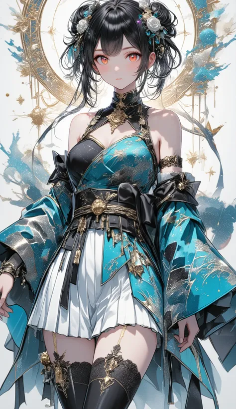 wearing turquoise blue and silver hybrid kimono-china dress, mixed stardust and dragon embroidery, layered under black satin capless bra, kimono sleeves with mandarin collar, tassel accessories, bare shoulder, thin obi belt with braided cords, 1.2::large f...