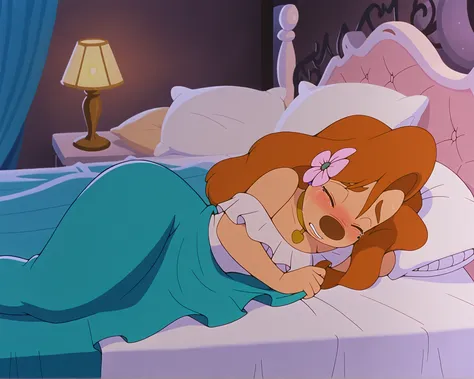 1girl, roxanne,  furry female, white dress, lying on bed, hair flower, gold choker, lying on side, underneath covers, shy, fear, scared expression, sad, tears, blushing, eyes closed, crying, shivering, king size bed, huge bed, dimly lit room, dim lamplight...