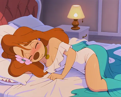 1girl, roxanne,  furry female, white dress, lying on bed, hair flower, gold choker, lying on side, underneath covers, shy, fear, scared expression, sad, tears, blushing, eyes closed, crying, shivering, king size bed, huge bed, dimly lit room, dim lamplight...