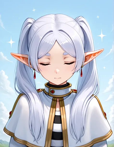 Photonoko,, masterpiece, best quality, very aesthetic, 1girl,, solo, Frieren, pointy ears, Freeze, Elf, Alone, twintails, jewelry, closed eyes, earrings, SPARKLE, Capelet, white Capelet, long hair, white hair, closed mouth, parted bangs, upper body, facing...