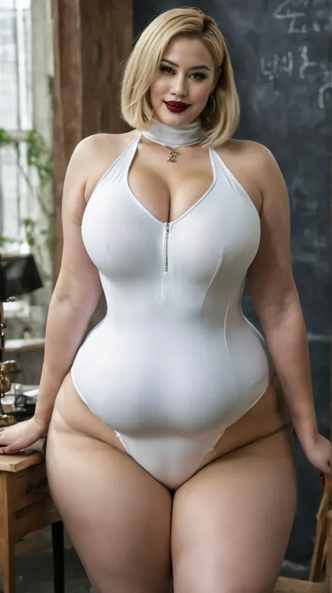 Very plump thighs, bob cut(長いbob cut, Blonde)Portrait of a 45-year-old woman, very plump mature body, Experienced teacher in the classroom, sexy smiles(Dark Eyes, Gothic Makeup, very black eyeliner, saliva, Dark cheeks ), 8k, detailed background, surreal, ...
