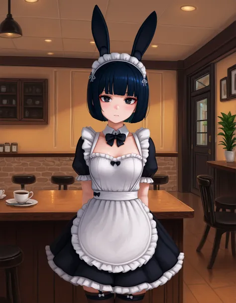 Photonoko,, no lineart,, solo, Maya Hell,black eyes,dark hair,bob cut,Maid Outfit、White Apron、White Headdress、 with rabbit ears、cafe,
