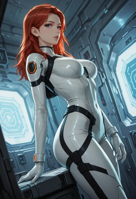 high resolution images, masterpiece, Highest Quality, amazing quality, official art, Highly detailed, Wallpaper, 1 girl, blue eyes, red hair, big eyes, slender, wide hips, (slim thighs), A very attractive and slim woman wearing a tight spacesuit walks thro...