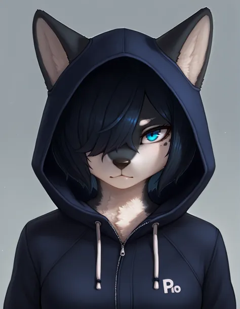Photonoko,, masterpiece, best quality, very aesthetic, 1girl,, solo, hyper detailed, best quality, (furry:1.3), blue eyes, 1girl, looking at viewer, hood, closed mouth, short hair, grey background, black hair, hair over one eye, jacket,