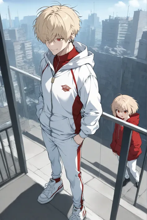 1 woman, Men's, short hair, disheveled hair, long bangs, Bedhead, Blonde, earrings, necklace, Long Eyes, sharp eye, reddish brown eyes, big thick white street jacket that's giving a kick , red hoodie for clothes, white jersey pants, wearing a hood, whi...