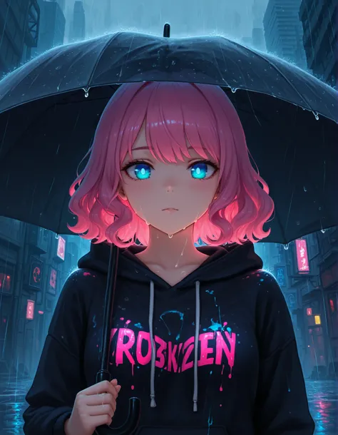 Photonoko,, solo, anime girl, short wavy hair with pink and cyan highlights, large glowing blue eyes, black hoodie with white and cyan graphic patterns, zippered hoodie, black umbrella, paint dripping effect, urban dystopian background, abstract buildings,...