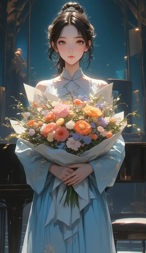 Woman holding out a bouquet of flowers wrapped in paper with both hands、blue dress、grand piano in the background、Podium、cinematic lighting、high image quality、High Quality