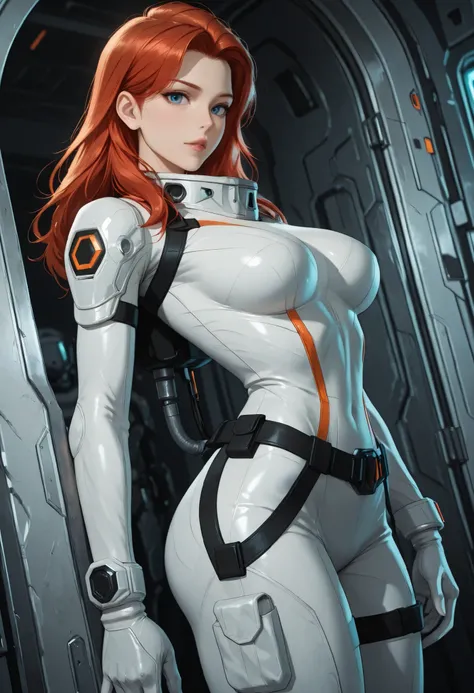 high resolution images, masterpiece, Highest Quality, amazing quality, official art, Highly detailed, Wallpaper, 1 girl, blue eyes, red hair, big eyes, slender, wide hips, (slim thighs), A very attractive and slim woman wearing a tight spacesuit walks thro...