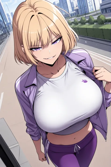 Cha Hae-in, 1girl, solo, best quality, masterpiece, perfect, college age, medium shot, angle view, looking at viewer, smirk, huge breasts, blonde hair, short hair, purple eyes, casual jacket, crop top t-shirt, jogging pants, standing, background outdoor mo...