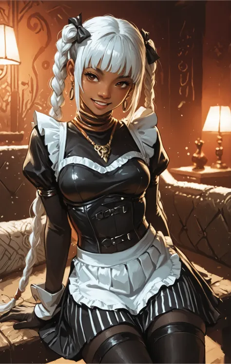 woman looks like a mix of Elena and Cammy from Street Fighter 6. bronze-colored and brown skin. She has a horizontal scar over her nose. She has sharp teeth. pointed fangs in her mouth. your body is athletic, with muscles and abs. B-Cup. Sie hat rote, schm...