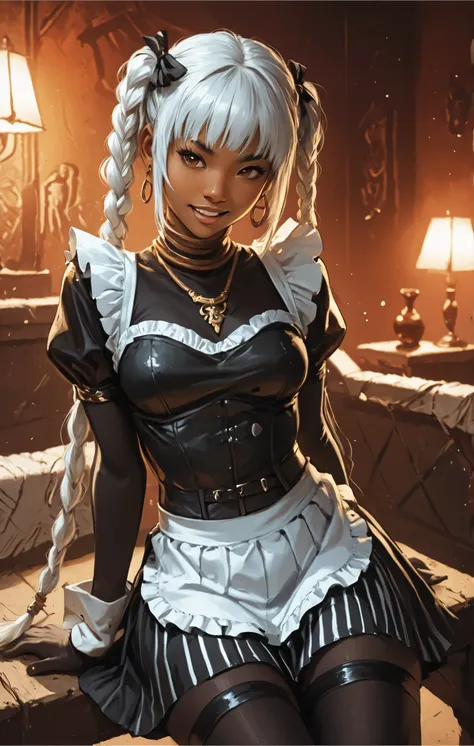 woman looks like a mix of Elena and Cammy from Street Fighter 6. bronze-colored and brown skin. She has a horizontal scar over her nose. She has sharp teeth. pointed fangs in her mouth. your body is athletic, with muscles and abs. B-Cup. Sie hat rote, schm...