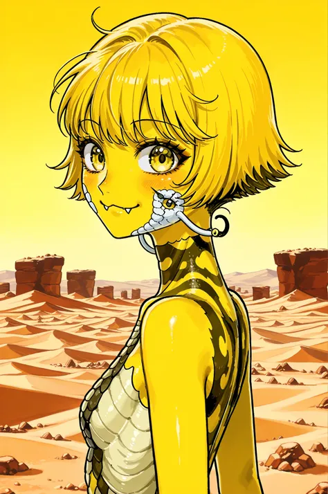 A woman with scaly deep yellow skin with snake face, (scaly skin on body), (scaly face on face), (snake-like face), deep yellow short hair, small snake fangs, kawaii, looking viewer, desert, from side, tezuka