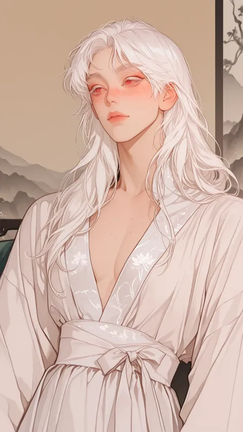 male, Asian, White hair, women's clothing, red eyes, cute, shoulder-lenght hair, feminine, dress, white lashes, freckles