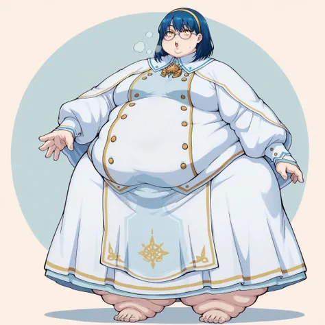 Umin, full body, medium hair, blue hair, bangs, yellow eyes, yellow hairband, round eyewear, glasses, small breasts, school uniform, umindress, high collar, white capelet, golden brooch, white long sleeves, gold trim, golden buttons, white long skirt, pelv...