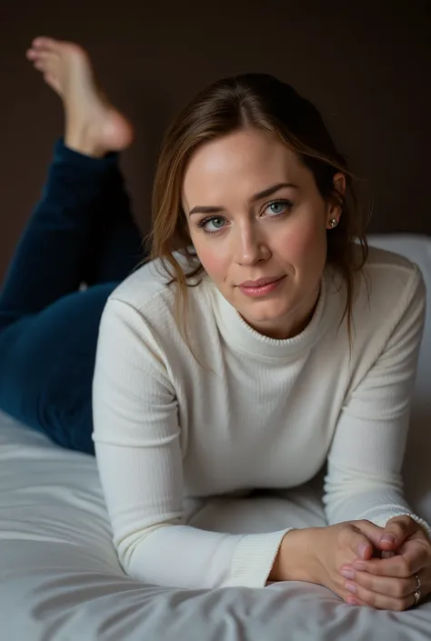 Actress Emily Blunt laying on her stomach doing the pose with her feet kicked up, she is wearing dark blue velour plush leggings and a white turtleneck that accentuate her curvaceous figure