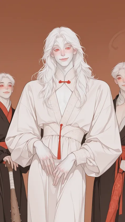 male, Asian, White hair, red eyes, cute, shoulder-lenght hair, white lashes, freckles, pale skin, delicate features, cute pose, feminine features, smile, warm gaze, cute face, feminine clothes, club, dress