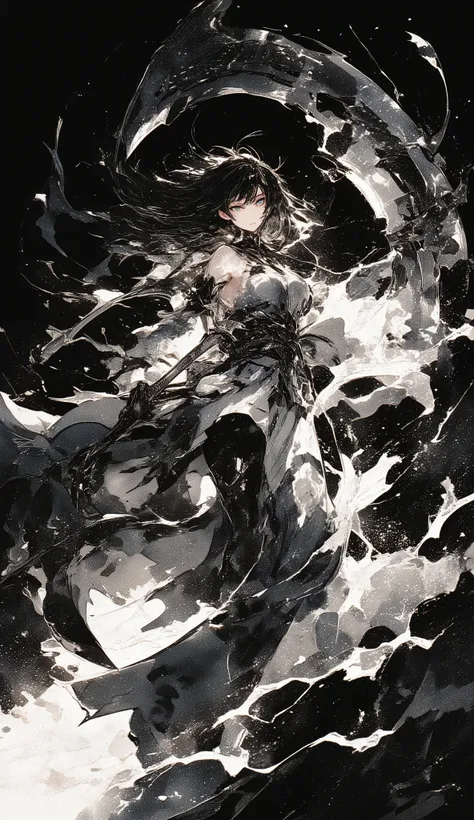 black、black、black、blackい背景に墨絵、blackい線画、High Quality、high image quality、流れるblack、cross hatching、A female adventurer who rips away a large scythe、motion blur