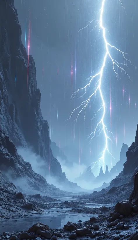 ## Cinematic Scene Description: Diamond Storm Planet
**Scene:** A heavy storm composed entirely of torrential, falling diamonds under a dense, crystalline sky.
**Visuals:**
* **Subject:** The jagged, distinctly surface of an uninhabited planet, featuri...