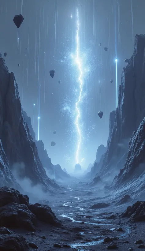 ## Cinematic Scene Description: Diamond Storm Planet

**Scene:** A heavy storm composed entirely of torrential, falling diamonds under a dense, crystalline sky.

**Visuals:**
*   **Subject:** The jagged, distinctly surface of an uninhabited planet, featuri...