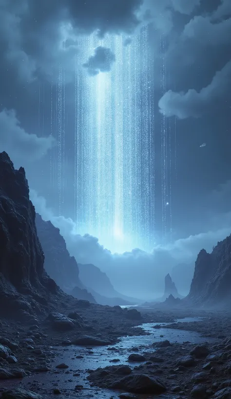 ## Cinematic Scene Description: Diamond Storm Planet

**Scene:** A heavy storm composed entirely of torrential, falling diamonds under a dense, crystalline sky.

**Visuals:**
*   **Subject:** The jagged, distinctly surface of an uninhabited planet, featuri...