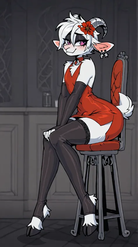 Art, Solo, High Quality, View from side, Anthropomorphic, Furry, Furry goat, femboy, tomboy femboy mix, black hooves, black nails, white fur, short white hair, flat chest, curvy, long legs, curved back black goat horns, red cloths, stirrup tigh highs, smoo...