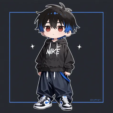((solo, deformed character、deformed characterだけ、2 heads、anime))、(( male))、2 color hair、dark haired、Blue hair、Black-Blue、hair is messy、black hoodie、big black STUSSY hoodie、((big black STUSSY hoodieのフードを深く被る))、Oversized hoodie、((thick black pants))、black and...