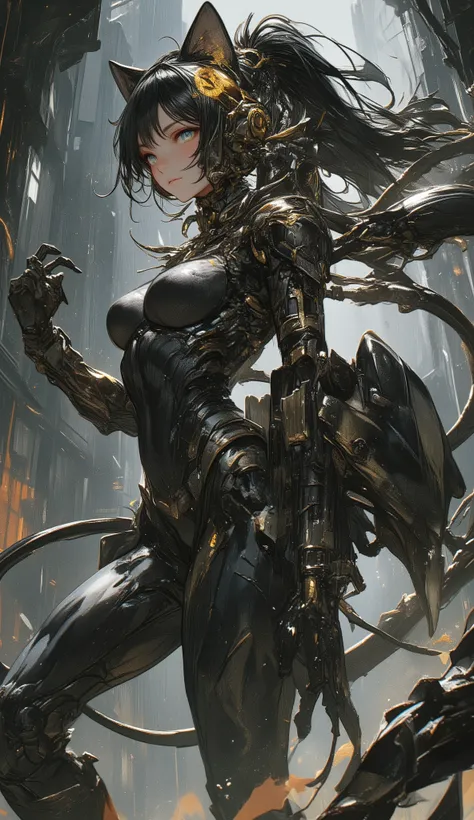 Woman wearing a costume with a Scorpio motif、Female Panther Pose、Machine and Biological Fusion、Machine Scorpion Stinger、high image quality、High Quality