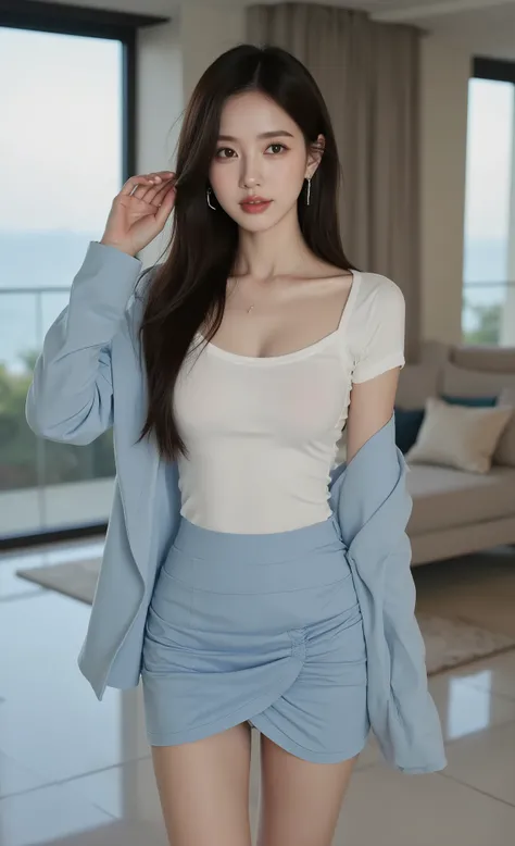 (masterpiece, best quality, ultra detailed, photorealistic:1.3),
(solo young woman:1.2), delicate symmetrical face,
long dark hair, smooth texture, (large breast:1.8),
large warm brown eyes, direct soft gaze,
subtle parted lips, natural skin glow,
tight ...