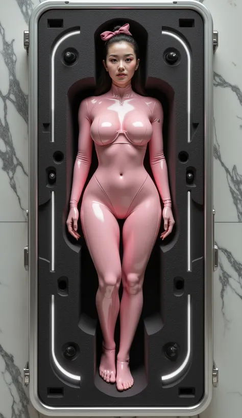 big breasts, detailed hands, A full-body view of a highly advanced female humanoid android inside a reinforced metallic containment case.
Human-like facial features, calm expression, natural skin texture, gentle and lifelike presence.
Positioned in the cen...