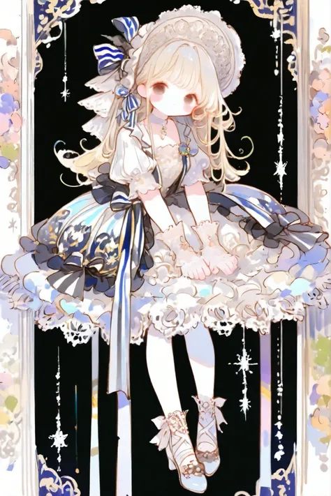 thin lines, thin colors, watercolor, colorful, fantasy, full body, (looking viewer :1.5), My Fair Lady theme,
1 girl, solo, blonde hair, long hair, black eyes, blush stickers, A classical “My Fair Lady”-inspired Lolita outfit with a pure white base. The ...