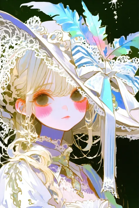 thin lines, thin colors, watercolor, colorful, fantasy, (looking viewer :1.5), My Fair Lady theme,
1 girl, solo, blonde hair, long hair, black eyes, blush stickers, A classical “My Fair Lady”-inspired Lolita outfit with a pure white base. The fluffy lace...