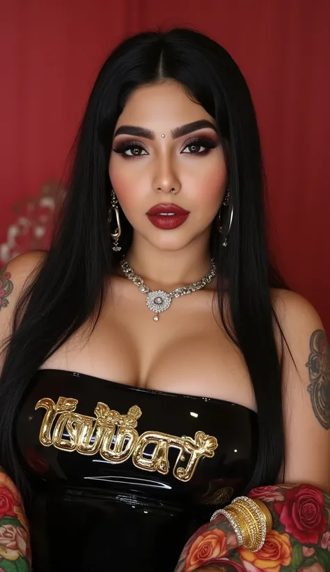 Angelawhite in a punk gothic rider style ((Bimbo)) black hair, kerala pavada blouse, temple aesthetic, malayalam traditional look, south indian beauty, cinematic portrait. solid color background, fashion photography, nice body,big breasts heavy chest, runw...