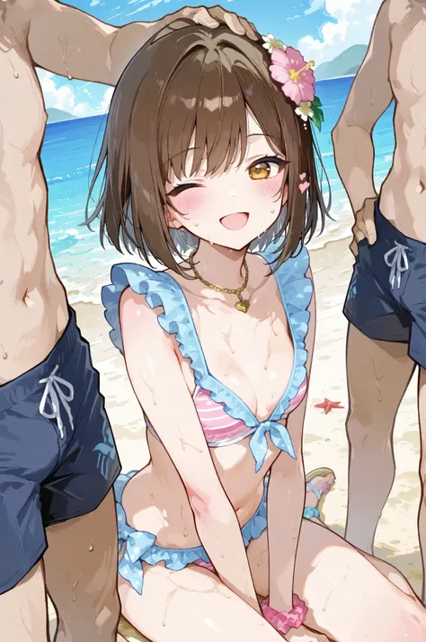 beach　idol　LIVE　wink　surrounded by multiple men and women　super cute♡　jump up and down　popping sweat　small breasts that sway
