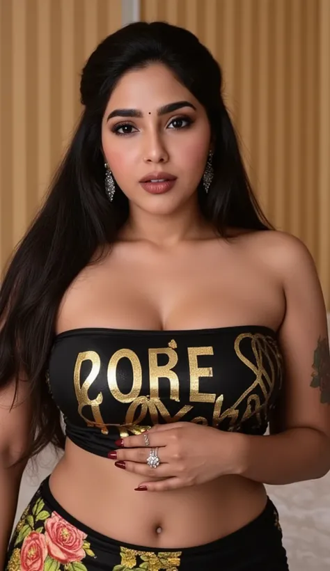  masterpiece, high resolution,Angelawhite,  black hair,  , malayalam traditional look, south indian beauty, cinematic portrait. solid color background, fashion photography, nice body,big breasts heavy chest, runway, hourglass body shot"A stunning realistic...