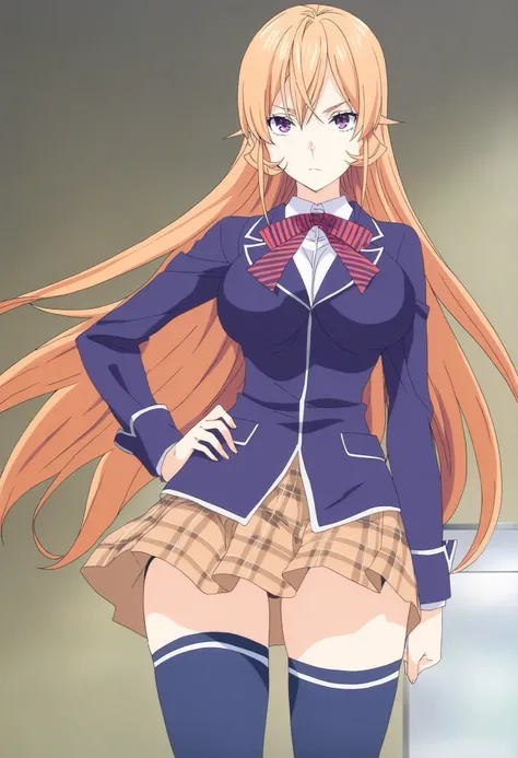 masterpiece, best quality, very detailed, , masterpiece, best quality, eyelashes, (Beautiful Eyes), cowboy shot, anime, Official Illustration,,Nakiri Erina, long hair,blonde hair,hair between eyes,purple eyes,school uniform,blue jacket,blazer,wing collar,r...