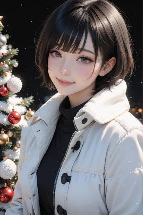 (best quality, ((masterpiece)), beautiful detailed face, 8K resolution,Semi-realistic),1 woman,(black short hair)((bangs hairs)),(light blue muffler),(white coat),Christmas tree,winter,smile,very short hairs
