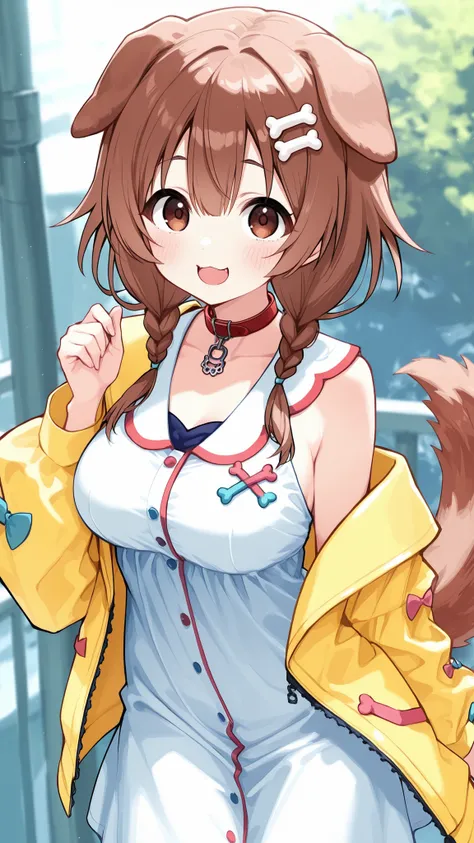 高品質, 傑作, 超高解像度,1 girl,korone_base, yellow jacket, white dress, off shoulder, animal collar, low twin braids, bone hair ornament, dog tail,かわいい笑顔,大胆なポーズ,神聖な雰囲気