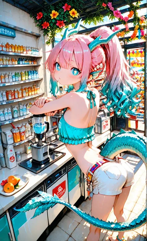 写真, 高品質な, 超高解像度, 1 女の子, 鱗状の皮膚, 可愛いドラゴン娘, 腕を覆うアクアブルーの鱗はグラデーション模様で、手元でより濃くなります, 背中のないデザインを通して見える背骨に沿った繊細な鱗, オーシャンビューと夕焼け色のビーチサイドスムージーショップに立っている, ショップの詳細には、壁にサーフボードが含まれています, トロピカルデコレーション, そしてオーシャンビューのオープンテラス席, カウンターの後ろでフレッシュフルーツスムージーを作りながらポーズ, ブレンダーを操作しながら集中し...