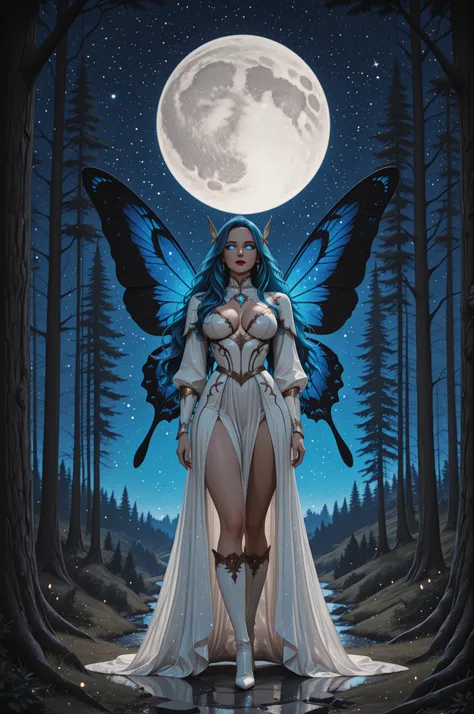 aidmaMJ6.1,x3rno1a,,a picture of an exquisite beautiful female fairy standing under the starry night sky at the forest, ultra detailed face, ultra feminine, fare skin, azure hair, wavy hair, dynamic eyes color, glowing eyes, intense eyes, red lips, wearing...